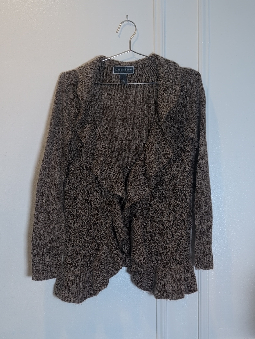 Karen Scott Brown Ruffle-Edge Open Cardigan Sweater